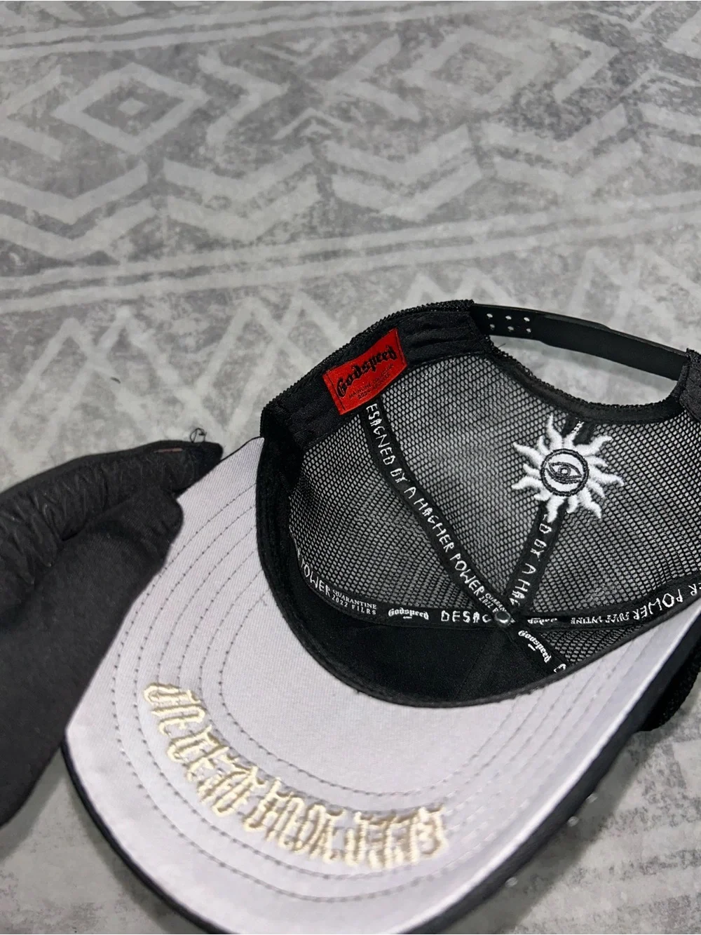 Black Trucker Cap with Red 'Godspeed' Gothic Embroidered Logo